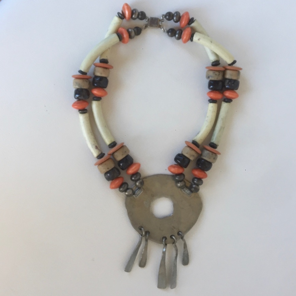 BEN-AMUN STATEMENT NECKLACE STONE PEWTER TRIBAL - Picture 2 of 6